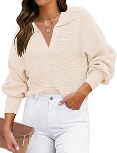 ZESICA Women's 2025 Fall Lapel Collar V Neck Long Sleeve Ribbed Knit Comfy Loose Casual Pullover Sweater Jumper Top