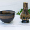 Dark Brown Ceramic Matcha Set - Japanese Matcha Bowl, Dark Bamboo Matcha Whisk and Whisk Holder - Handcrafted Matcha Cup, 100 Prongs Chasen