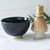 Dark Navy Blue Ceramic Matcha Set - Japanese Matcha Bowl, Bamboo Matcha Whisk and Whisk Holder - Handcrafted Matcha Cup, 100 Prongs Chasen