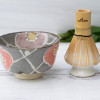 Grey Flowers Ceramic Matcha Set - Japanese Matcha Bowl, Bamboo Matcha Whisk and Whisk Holder - Handcrafted Matcha Cup, 100 Prongs Chasen