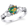 Women's Sterling Silver 925 Irish Claddagh Friendship Love Ring Rainbow Simulated Opal Heart