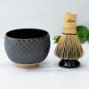 Black Ami Pattern Ceramic Matcha Set - Japanese Matcha Bowl, Bamboo Matcha Whisk and Whisk Holder - Handcrafted Matcha Cup, 100 Prongs Chasen